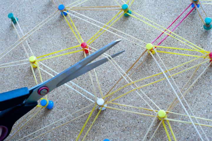 A burning bridges at work concept, cutting network links played out using pins and rubber bands