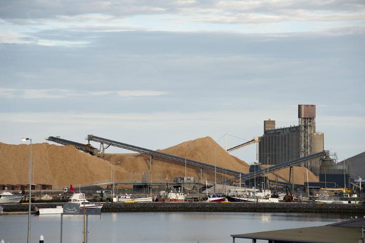 Boats in a busy harbour beside a bulk commercial ship terminal.