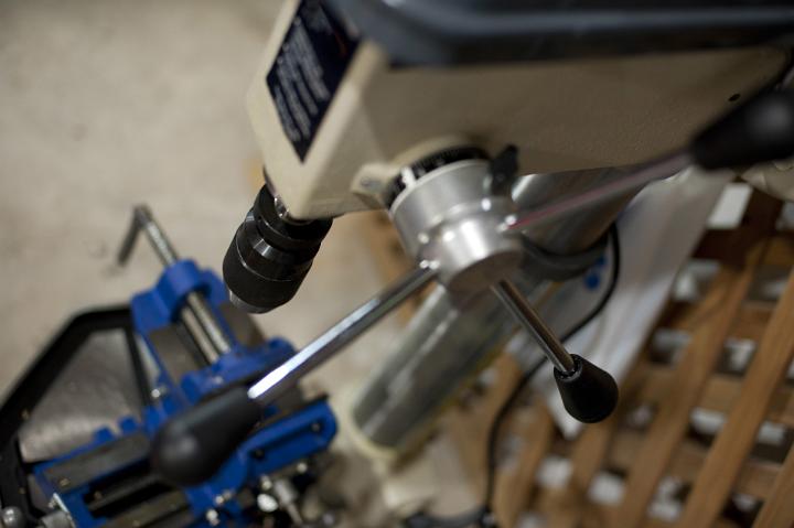 Part of pedestal drill with handwheel in close-up