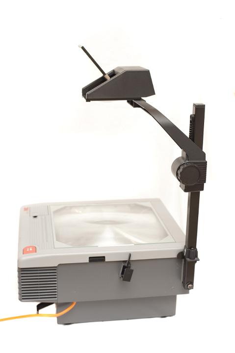 Close up Brand New Overhead Projector Device for Printed Acetates Isolated on White Background