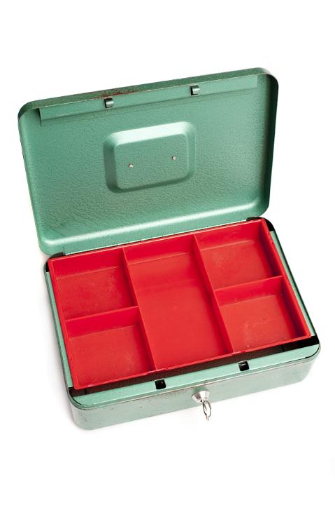 Close up New Green Red Empty Metal Cash Box Isolated on White Background