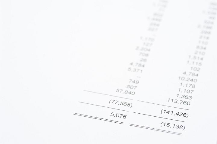 Accounting balance sheet for a business showing the annual totals for income , expenditure and write downs for depreciation