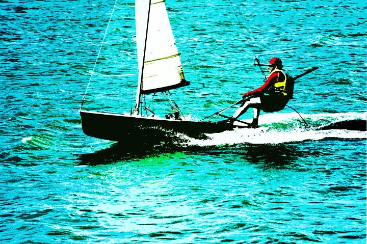 Artistic graphic of a sailor using a trapeze to sail his small sailboat single handed as he leans far out over the ocean to counterbalance the sail