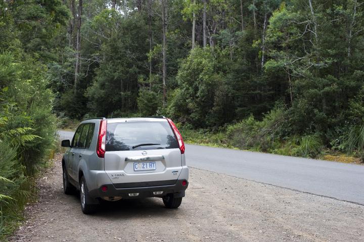 Hatchback car parked on the gravel at the side of the road in a wooded area of lush green trees, back view