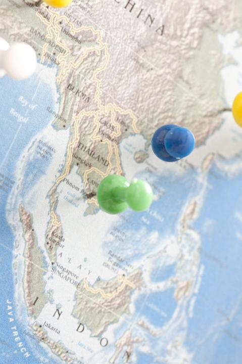 Travel Concept - Close up Aerial Shots of Two Pins on Thailand Map